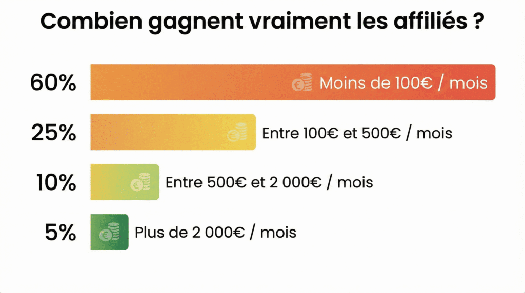 Graphique en barres montrant la répartition des revenus en affiliation marketing : 60% gagnent moins de 100€ par mois, 25% entre 100€ et 500€, 10% entre 500€ et 2000€, 5% plus de 2000€