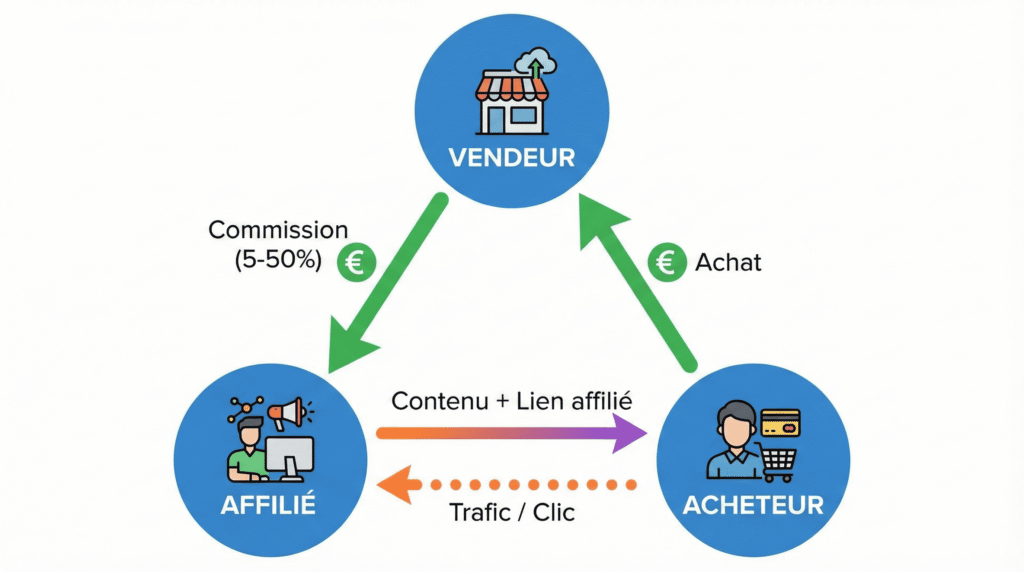 Schéma expliquant le fonctionnement de l'affiliation marketing avec les trois acteurs : vendeur, affilié et acheteur, et les flux d'argent et de trafic entre eux