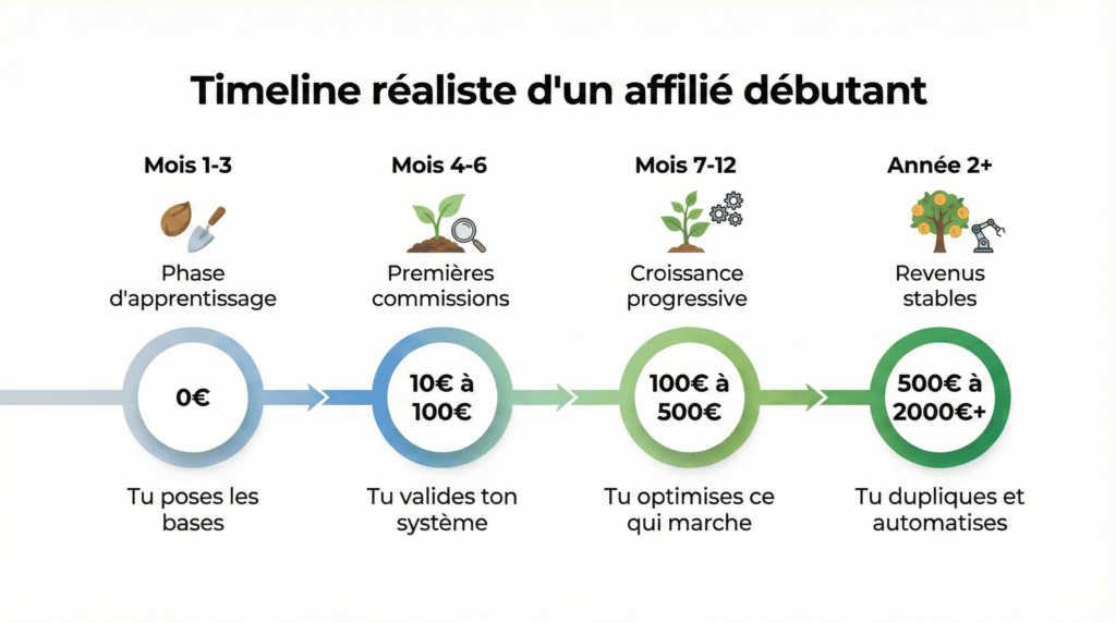 Timeline montrant l'évolution des revenus en affiliation sur 12 mois : 0€ les 3 premiers mois, 10 à 100€ du mois 4 à 6, 100 à 500€ du mois 7 à 12, puis 500 à 2000€ la deuxième année