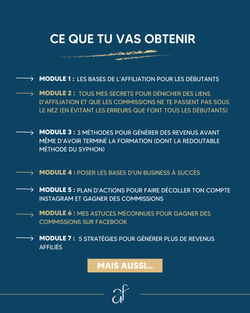 contenu de la formation reine de l'affiliation qui présente les 7 premiers modules